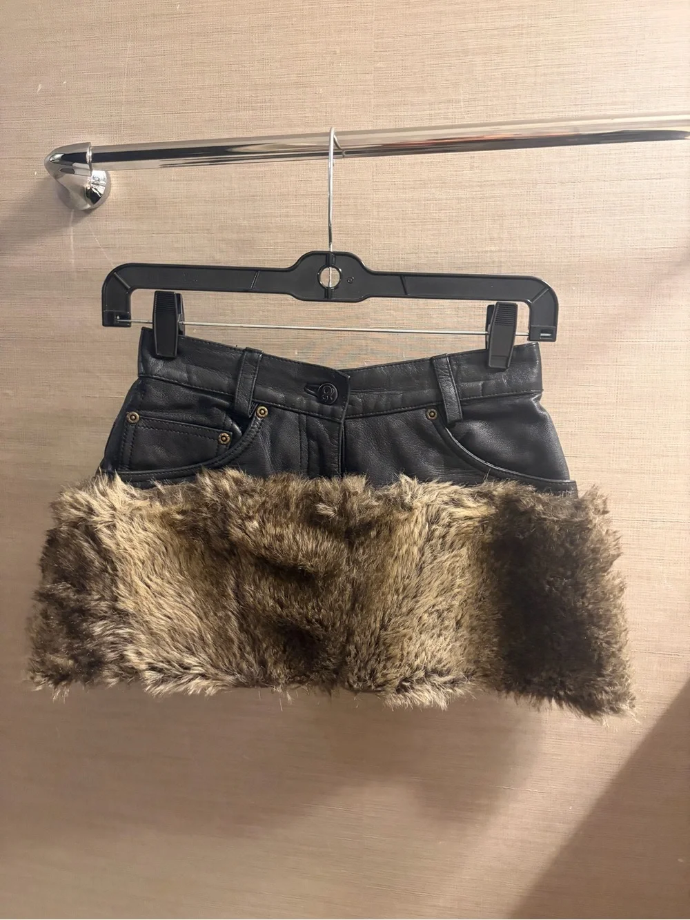 Faux Leather Mini Skirt with Brown Faux Fur Trim